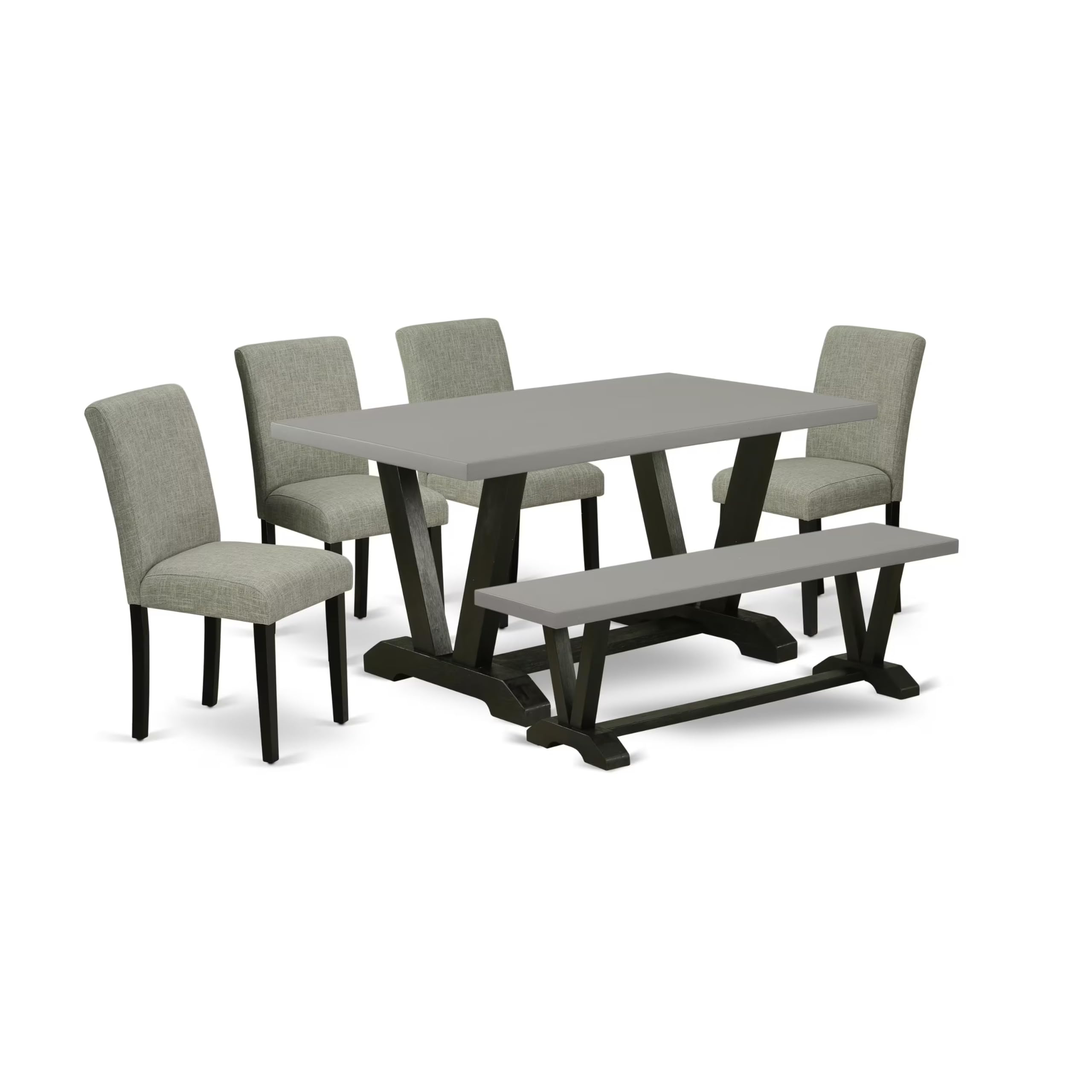 East West Furniture V-Style 6 Piece Modern Dining Set Contains A Rectangle Wooden Table With V-Legs And 4 Shitake Linen Fabric Parson Chairs With A Bench, 36X60 Inch, Multi-Color